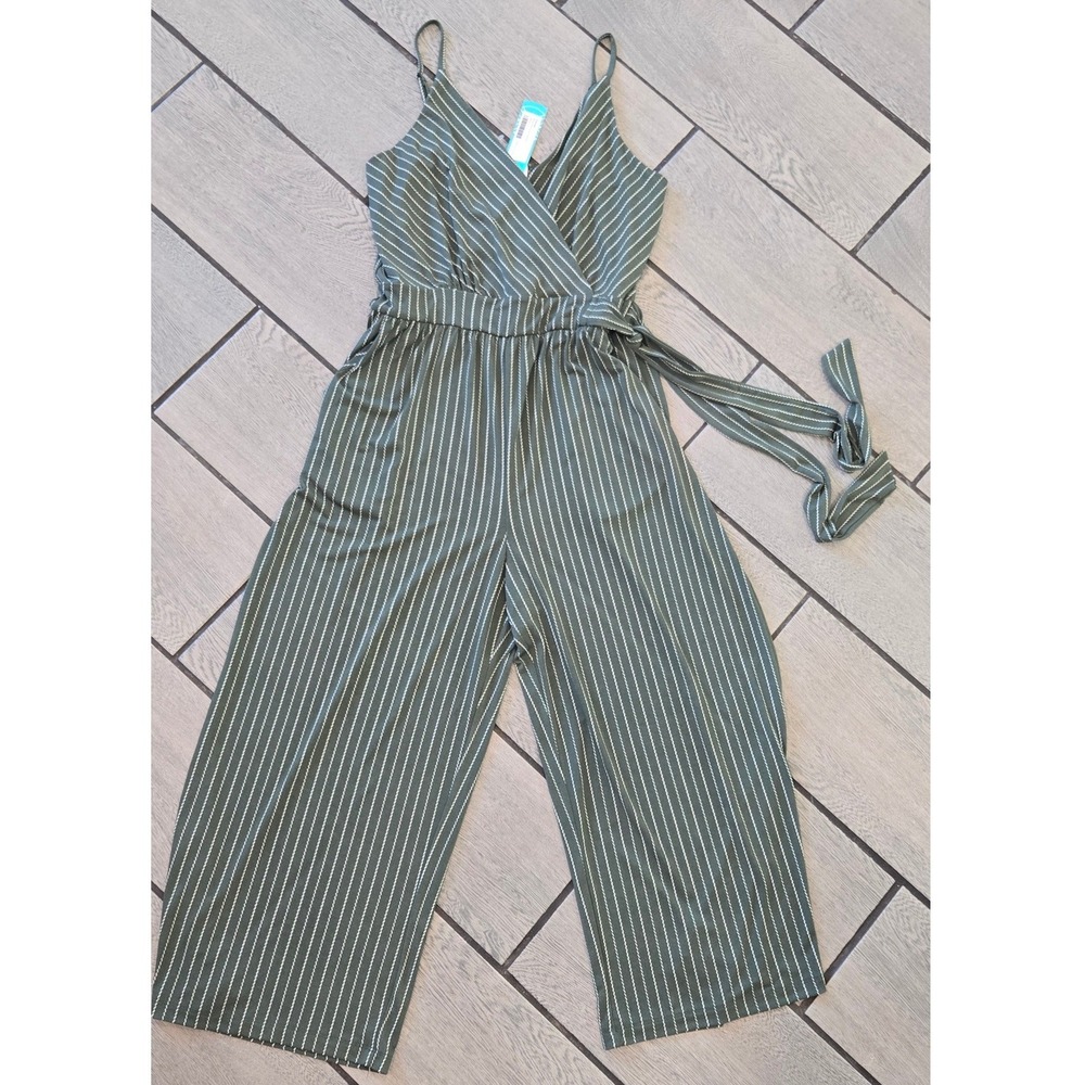 Kaileigh Rica Knit Crop Jumpsuit Olive Green‎ Striped Wide Leg Large NWT
